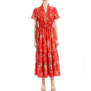Max Studio Short Sleeve V-Neck Tiered Red Maxi Dress
